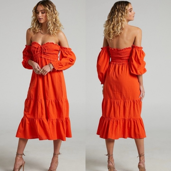 Showpo. Dresses & Skirts - Showpo Nikka Shirred Off Shoulder Puff Sleeve Midi Dress